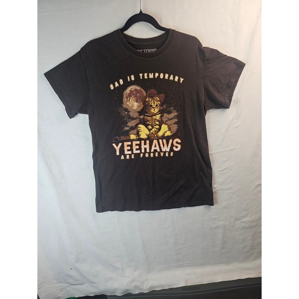 Hot Topic Sad Is Temporary Yeehaws Are Forever Cowboy Cat Graphic Tee Brown M